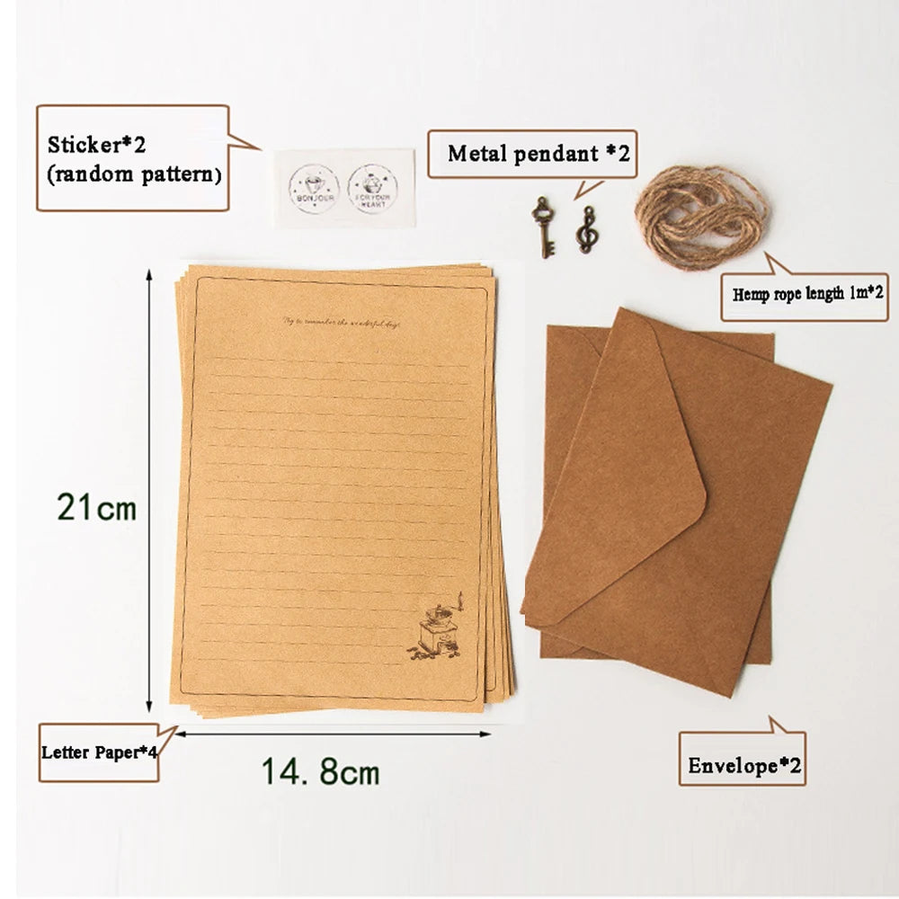 A set of vintage European style letter and invitation envelopes, including paper, metal pendants, and hemp rope.