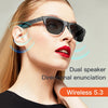 A woman wearing black Bluetooth sunglasses with directional sound technology.