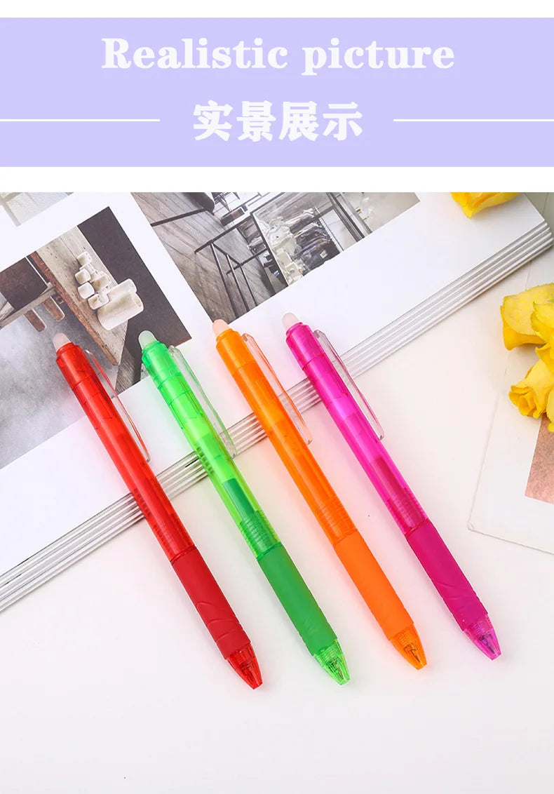A set of eight colored retractable erasable gel pens in red, green, orange, and pink lying on a white surface.