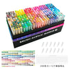 A tray of vibrant acrylic markers in various colors and shades, including tips for brush application.