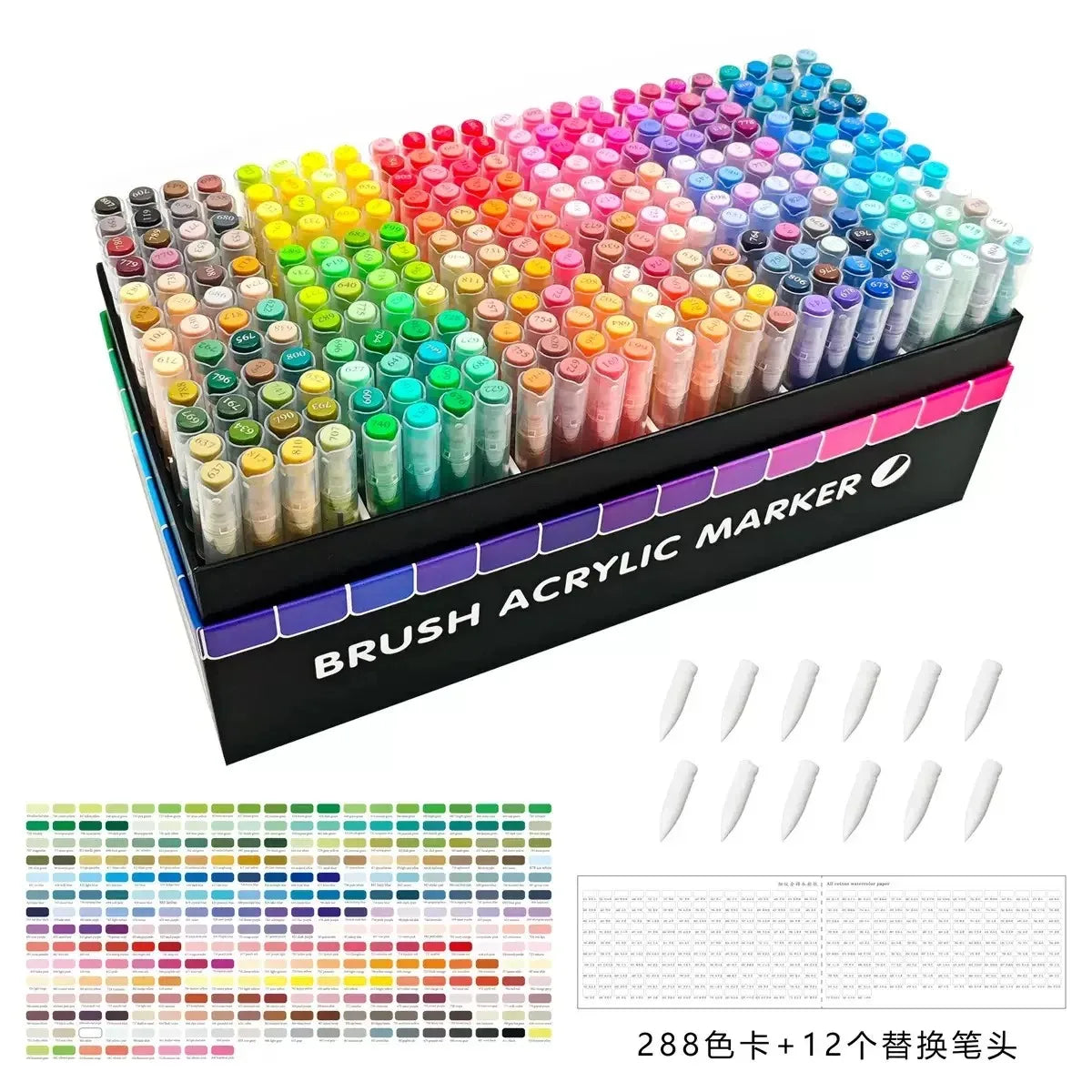 A tray of vibrant acrylic markers in various colors and shades, including tips for brush application.