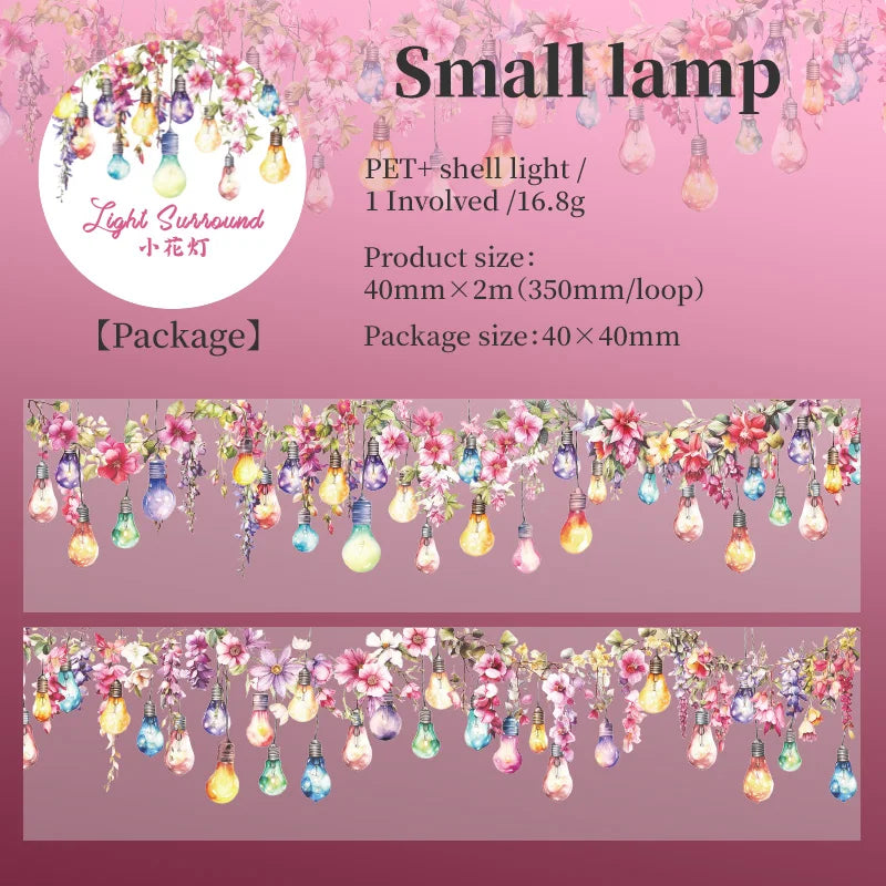 A display of small glass lamps hanging from a string, used as light surrounds for decoration.