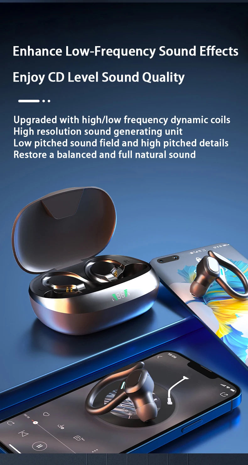 A pair of metallic Bluetooth ear hooks with microphones displayed on a smartphone.