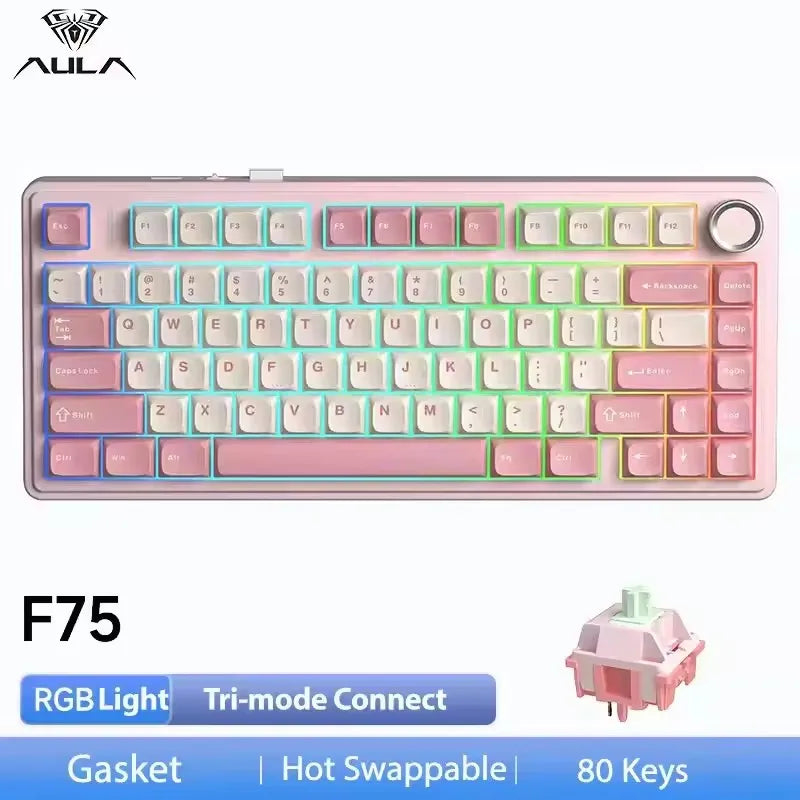 A pink mechanical keyboard with a light green backlight and a gasket mount design.