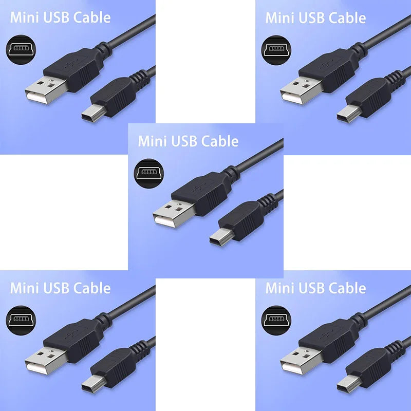 Various views of a black Mini USB cable used for data and charging connections.