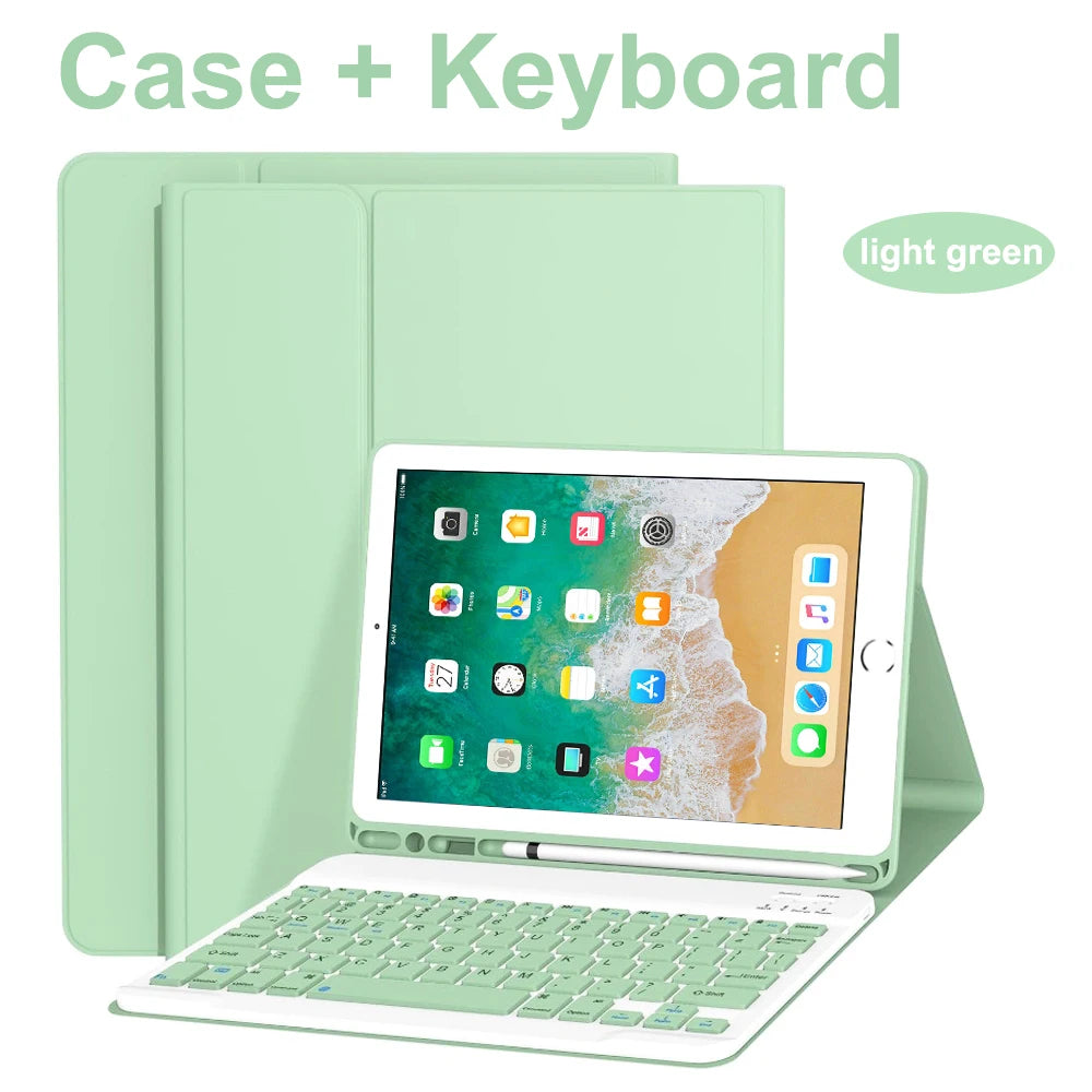 A light green Bluetooth keyboard case for an iPad, showing the case and keyboard together.