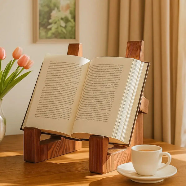 A vintage wooden cookbook holder stands on a table, displaying an open recipe book with pages of text.