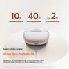 White SHOKZ Bluetooth headphones resting on a charging case with battery life specifications displayed.