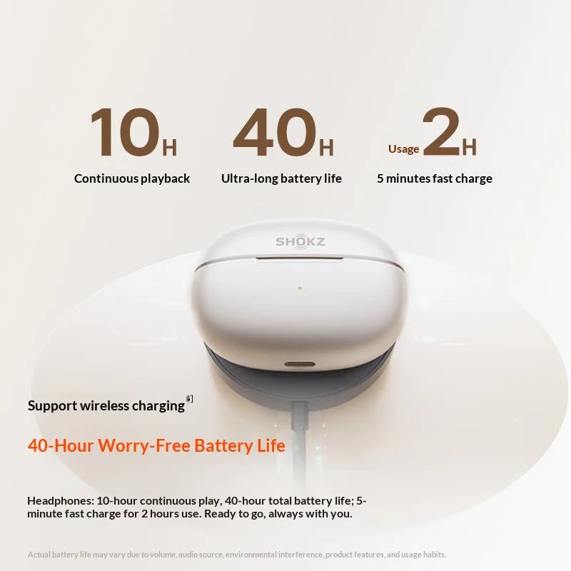 White SHOKZ Bluetooth headphones resting on a charging case with battery life specifications displayed.