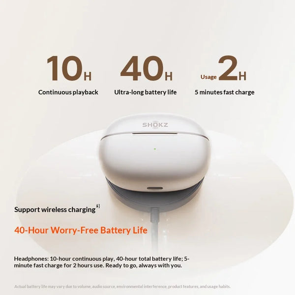 White SHOKZ Bluetooth headphones resting on a charging case with battery life specifications displayed.