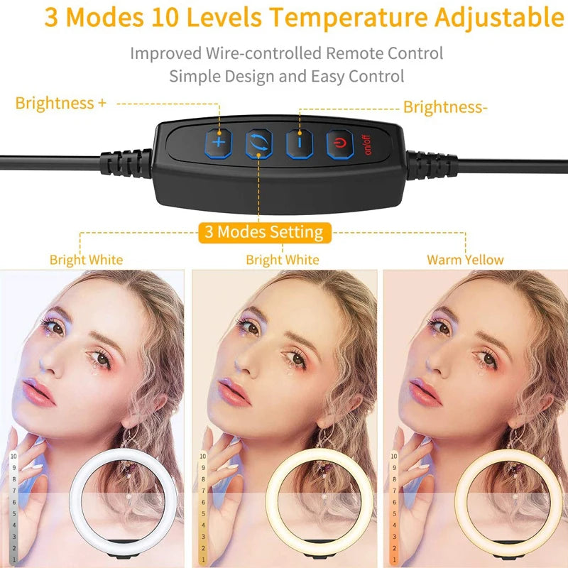 LED ring light with tripod stand and remote control showing three brightness modes