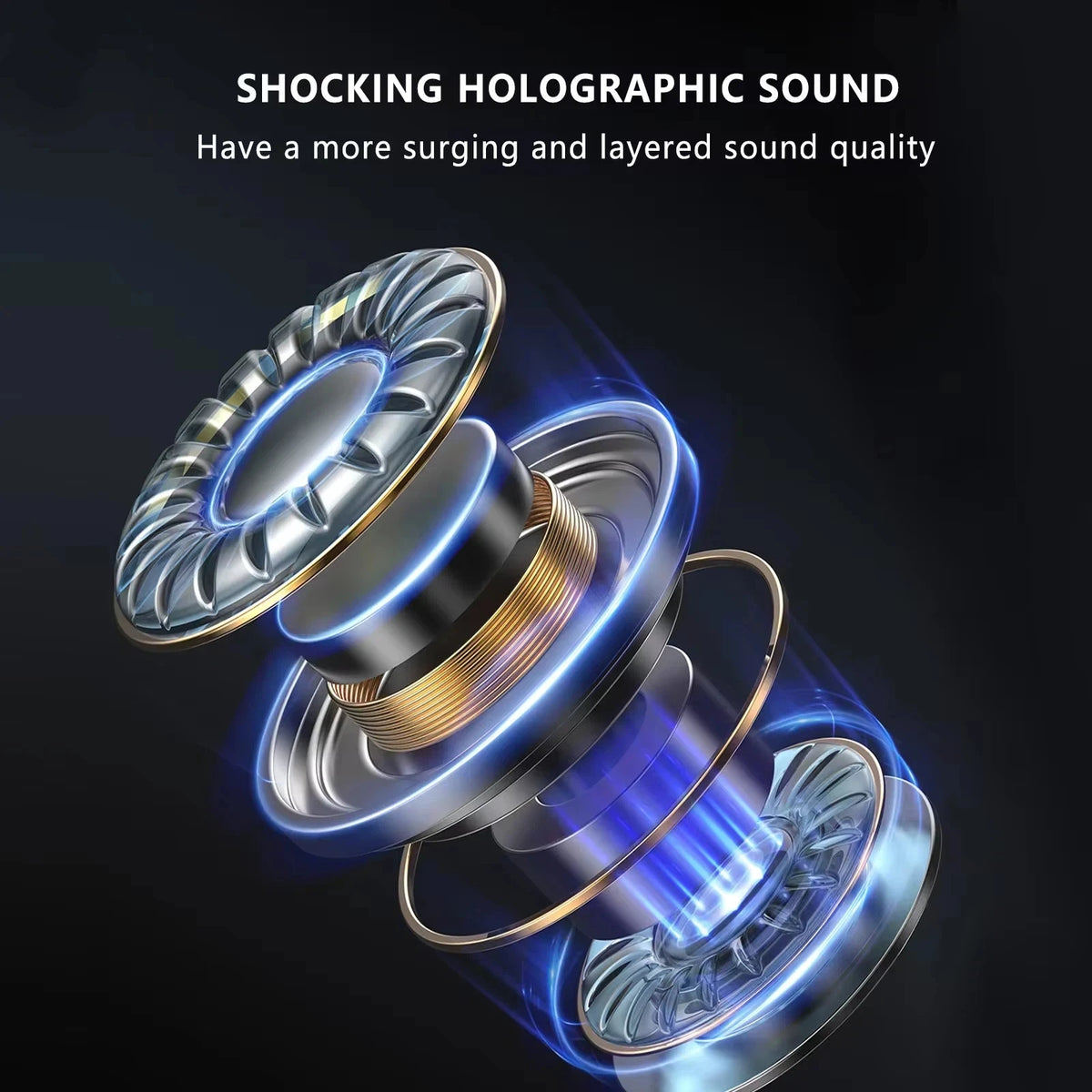 A close-up of True Buds 5 Bluetooth 5.3 wireless earphones with a metallic silver and gold finish, showing holographic sound 