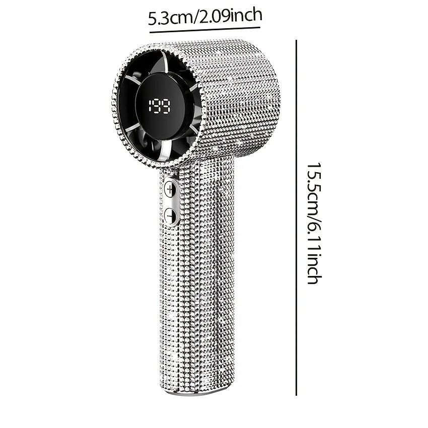 A sparkling diamond portable handheld fan with an LED display, shown in a vertical view.