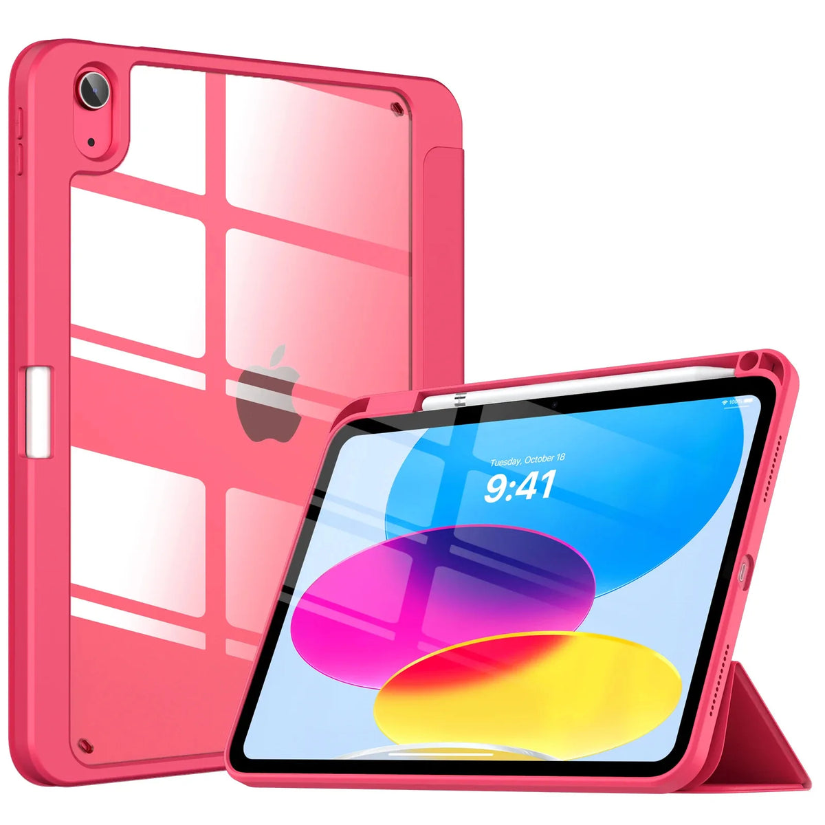 A pink premium hybrid case for an iPad 10th generation tablet is shown next to the device.