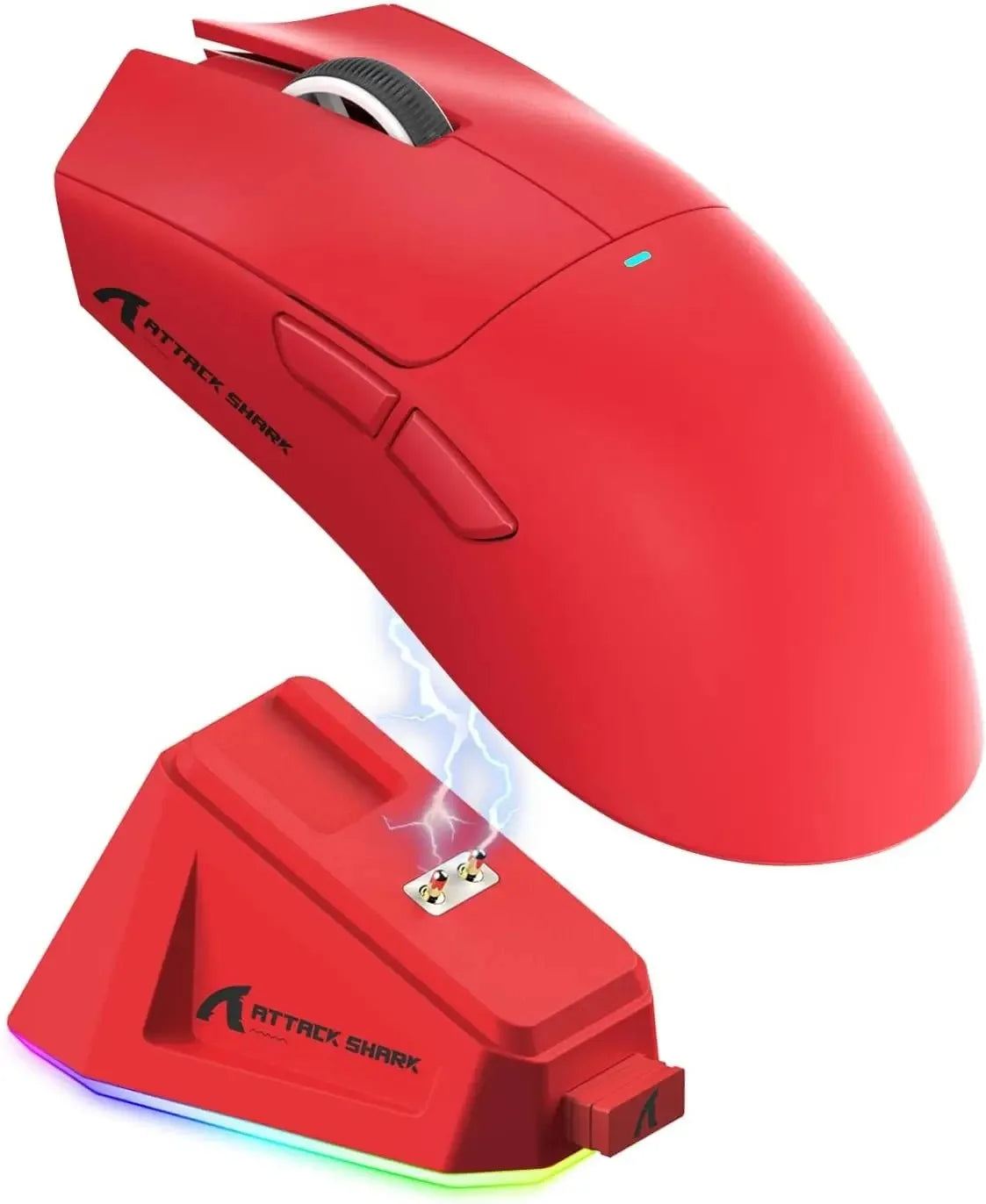 A red high-performance wireless gaming mouse is shown with a glowing blue light feature.