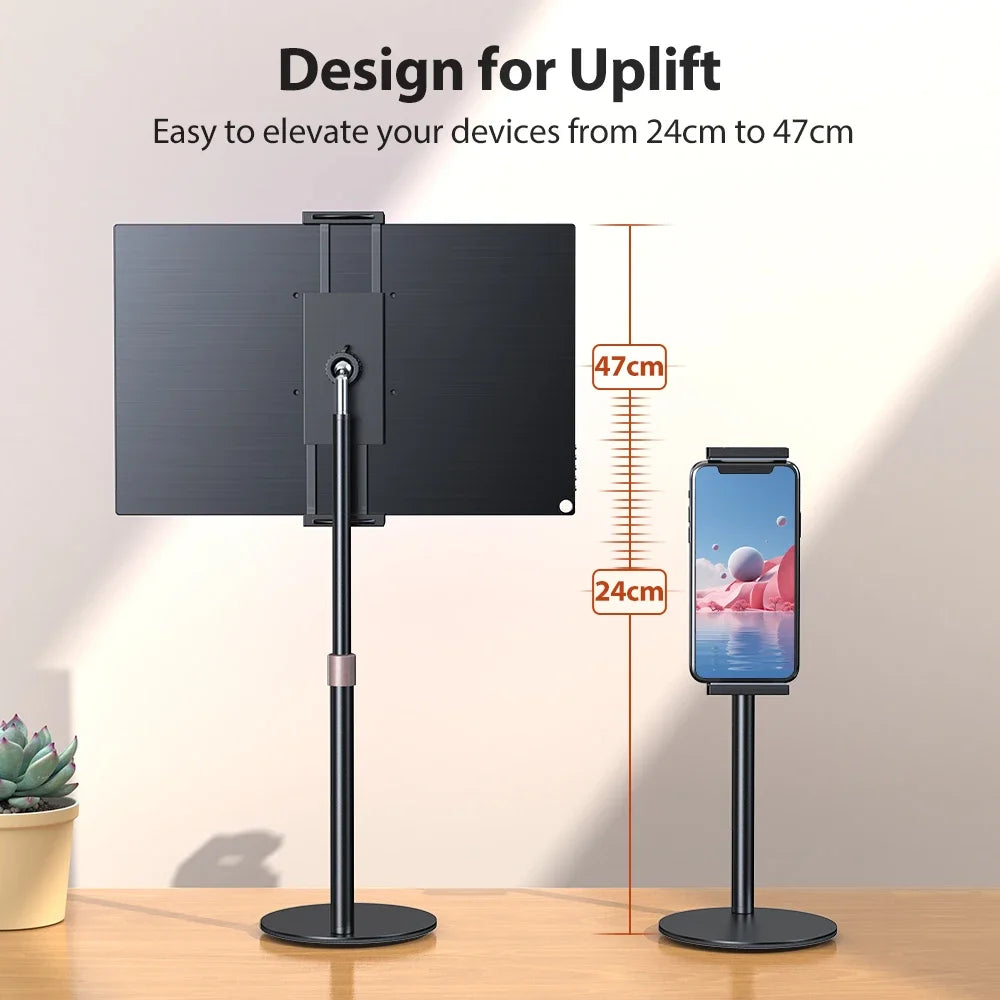 A black adjustable desktop monitor stand designed to elevate devices from 24cm to 47cm.
