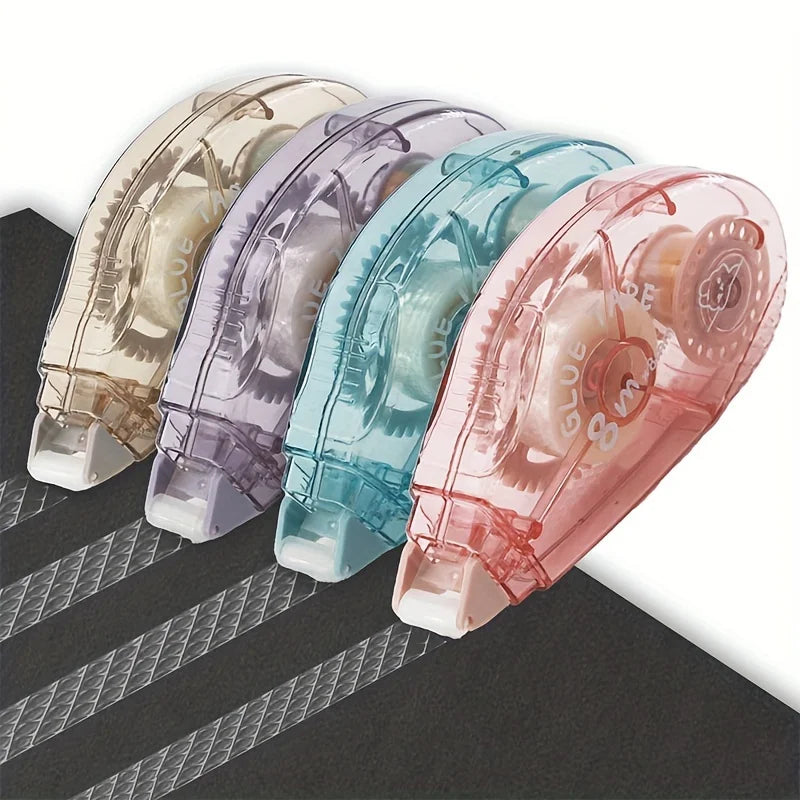 A set of five translucent adhesive tape rollers in various colors, including beige, purple, blue, and pink.