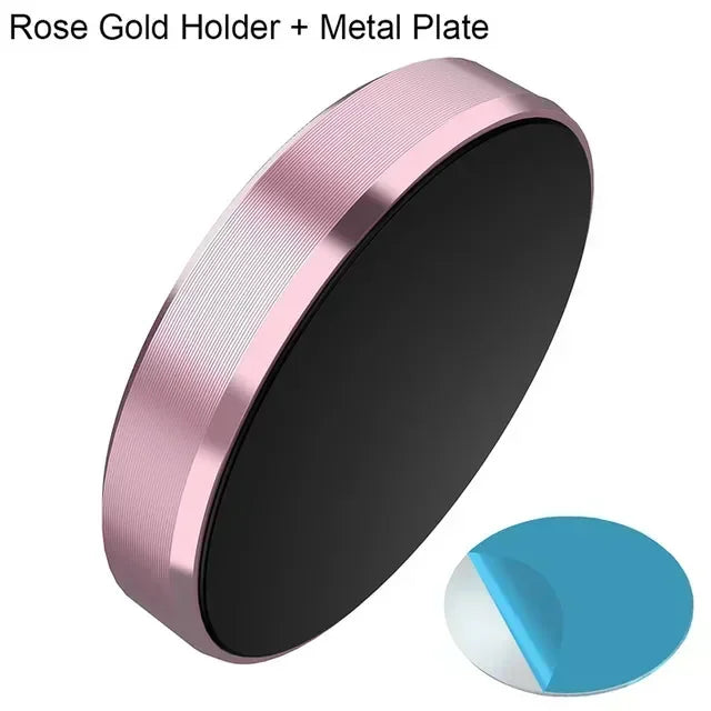 A rose gold holder with a black plate and a blue accent piece for a magnetic car dashboard phone mount.