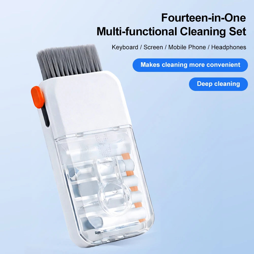 A white multi-functional cleaning set featuring a brush and various tools for cleaning electronics like keyboards, screens, m