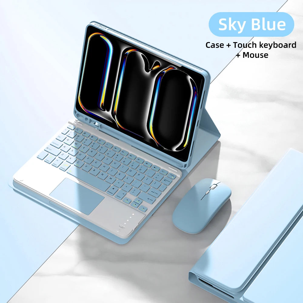 A Sky Blue magnetic keyboard case for an iPad Pro, shown open with a touch keyboard and mouse.