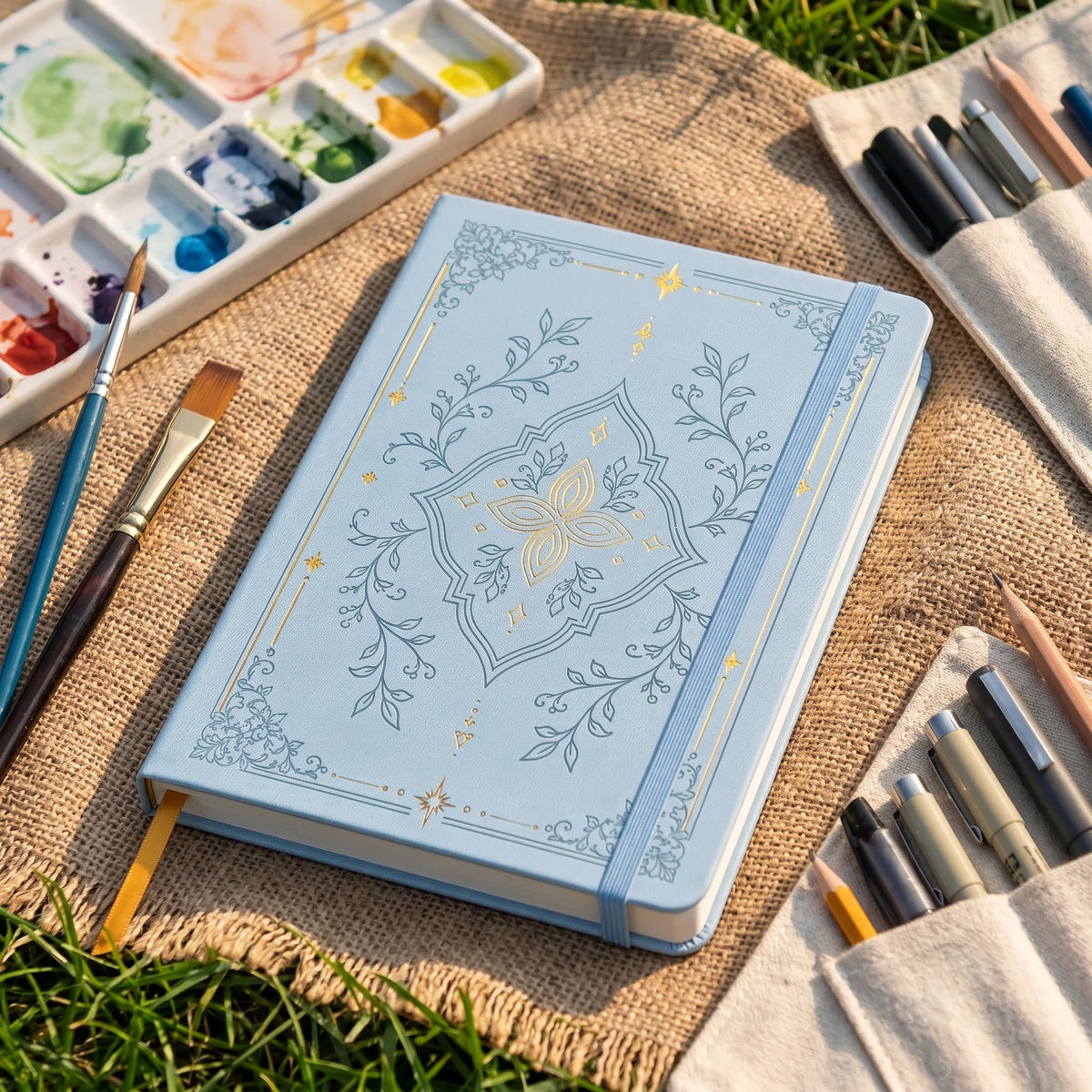 A light blue A5 dot grid notebook with a gold foil botanical design resting on burlap fabric.
