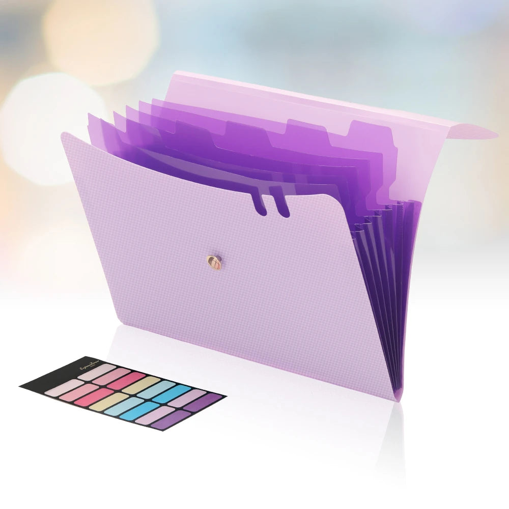 A purple A4 accordion file organizer with an elastic closure and a color swatch guide.