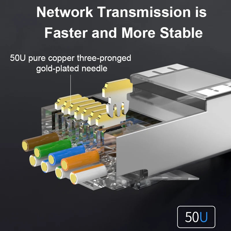 Close-up view of a gold-plated copper three-pronged needle used for network transmission in modular RJ45 connectors.