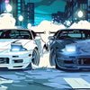 A dynamic illustration of two JDM cars racing on a street, creating smoke and light effects.