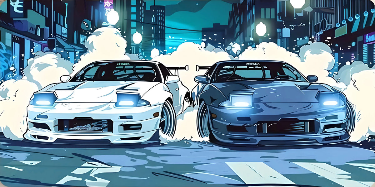 A dynamic illustration of two JDM cars racing on a street, creating smoke and light effects.