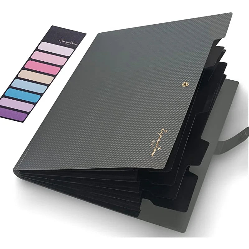 A stack of black expanding A4 file folders with five pockets and a color palette guide.