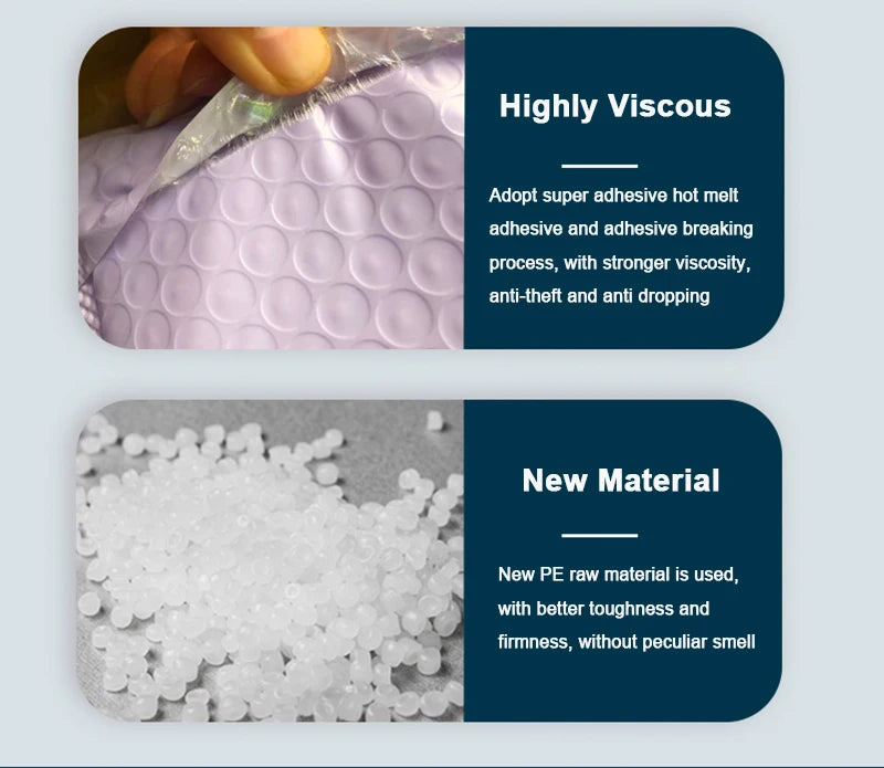 Purple padded bubble mailers with a self-seal closure and a new material