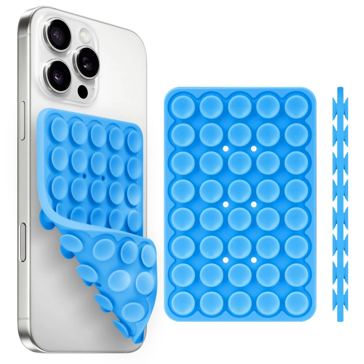 A silver smartphone and a blue silicone suction cup holder for mounting the phone.