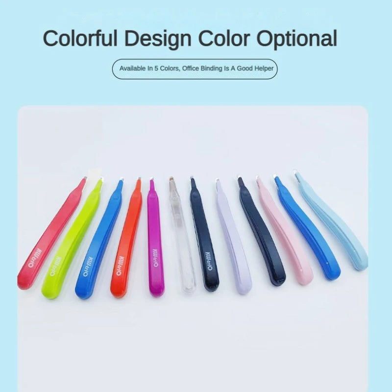 A collection of portable magnetic staple remover tools in various colors including pink, green, blue, and purple.