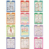 A set of interactive alphabet learning posters featuring animals, fruits, vegetables, vehicles, numbers, and insects.
