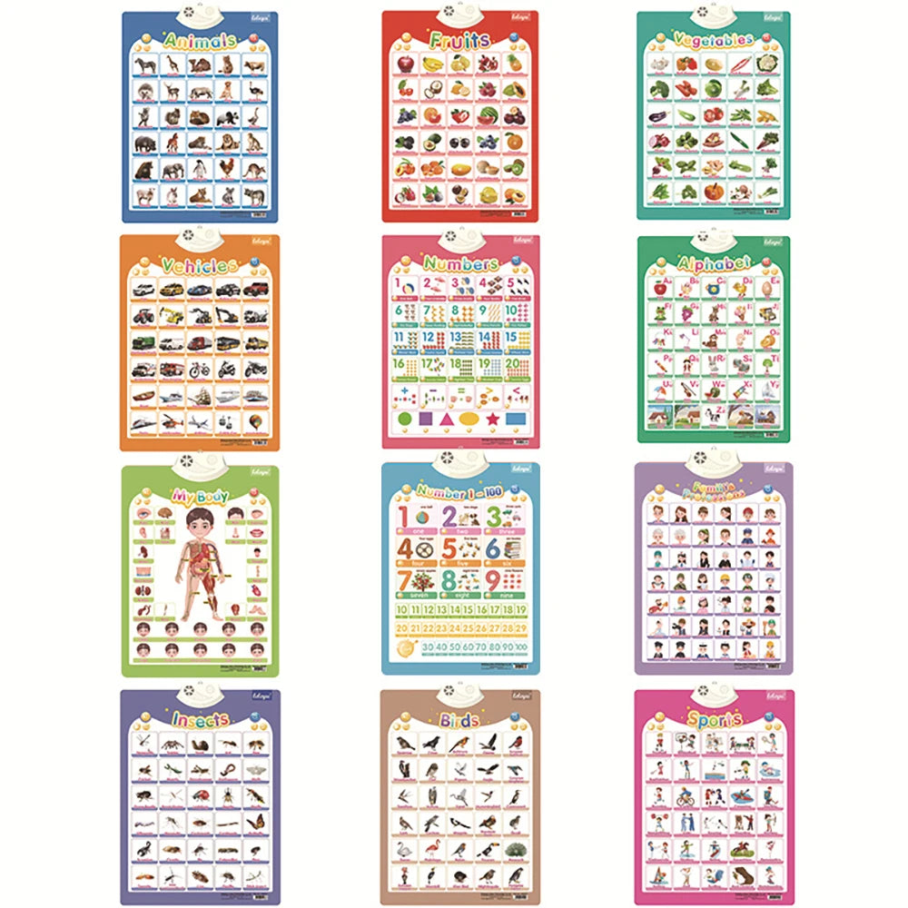 A set of interactive alphabet learning posters featuring animals, fruits, vegetables, vehicles, numbers, and insects.