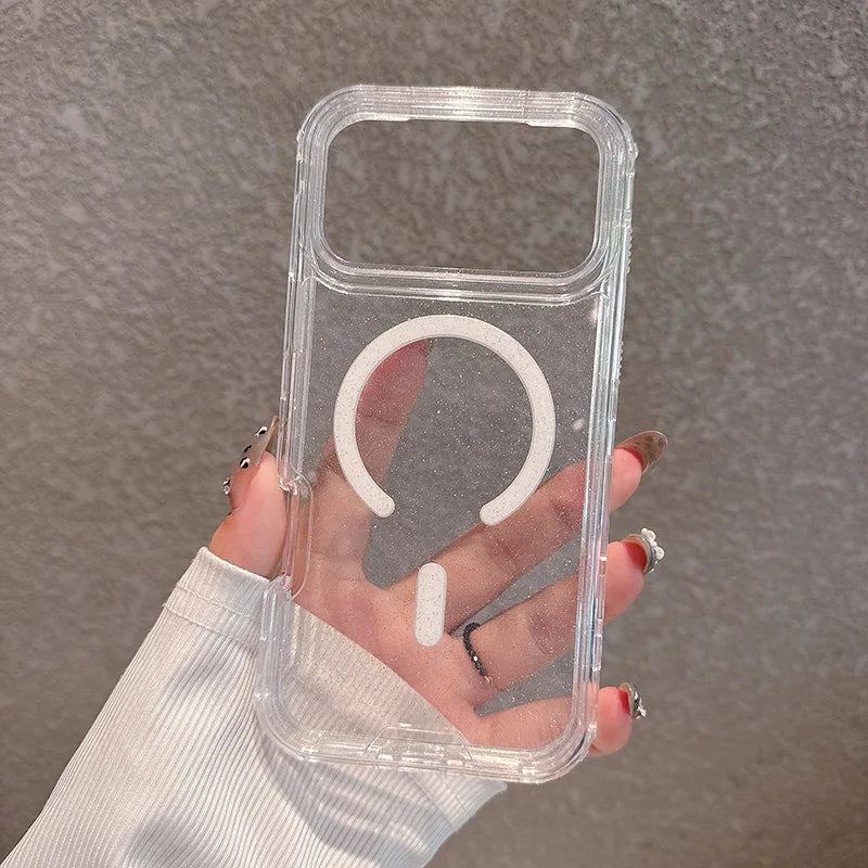 A clear shockproof magnetic case with a white ring design is held in a person's hand.