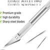 A silver precision craft knife blade with a textured handle is shown, highlighting its high quality and durability.