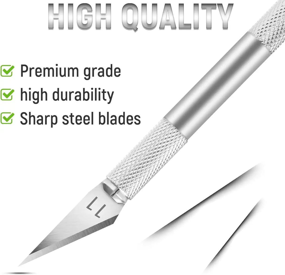A silver precision craft knife blade with a textured handle is shown, highlighting its high quality and durability.
