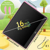 A black 16 inch interactive LCD writing tablet is shown with a pink stylus and a charging cable.