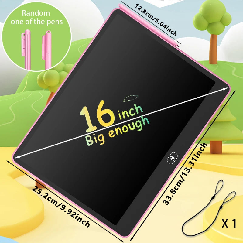 A black 16 inch interactive LCD writing tablet is shown with a pink stylus and a charging cable.