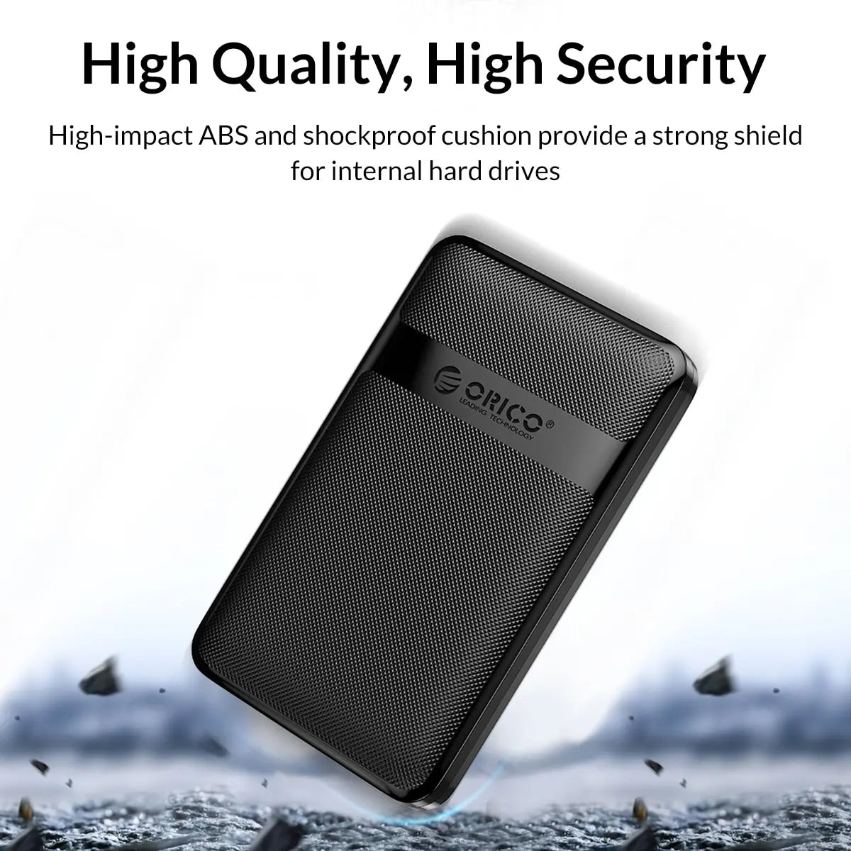A black hard drive enclosure with a mesh shield is shown against a blurred background, emphasizing high quality and security.