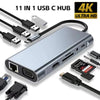 A silver 11 in 1 USB C hub with multiple connectors and cables shown alongside the product.
