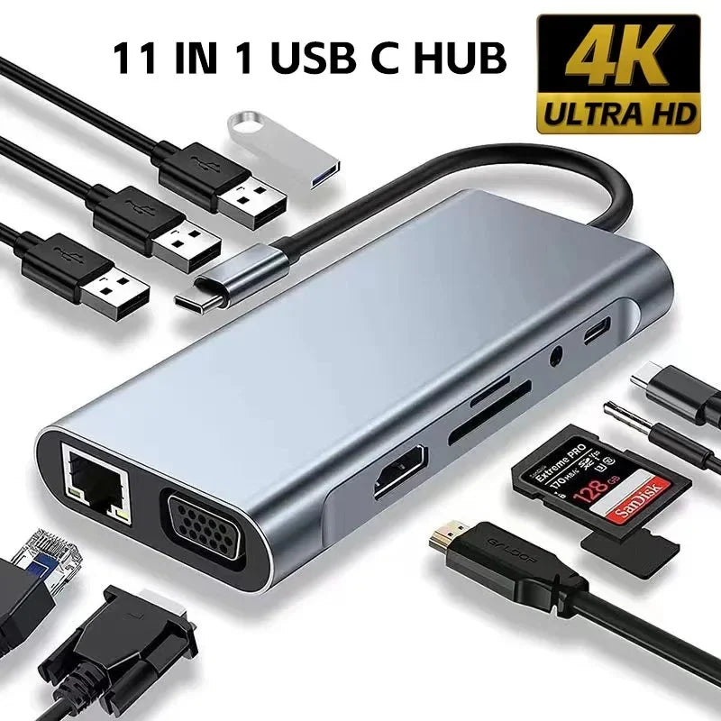 A silver 11 in 1 USB C hub with multiple connectors and cables shown alongside the product.