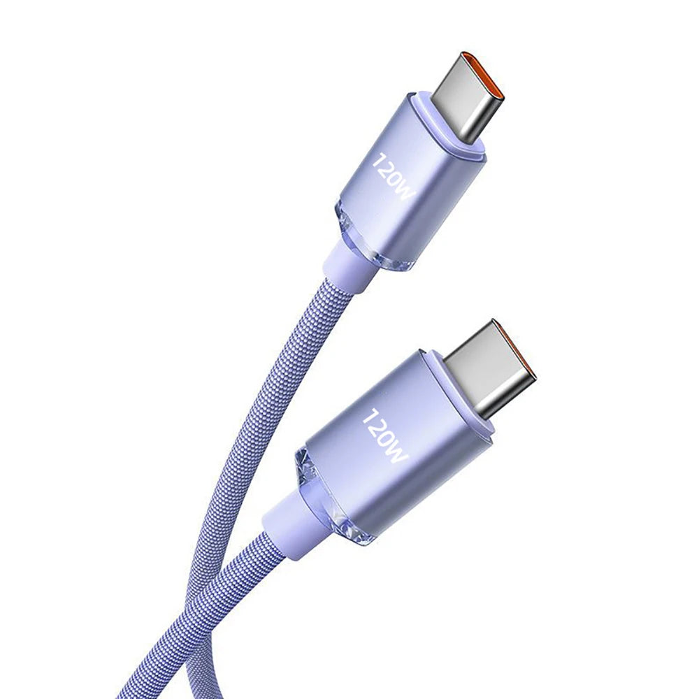 A purple braided nylon USB-C to USB-C fast charging cable with 120W power output.