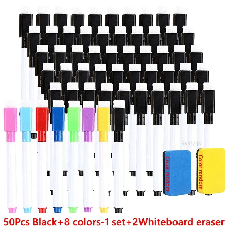 A set of 50 black and 8 colored dry erase markers with a whiteboard eraser