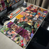 An anime-inspired XXL gaming mouse pad featuring colorful characters and artwork on a desk.