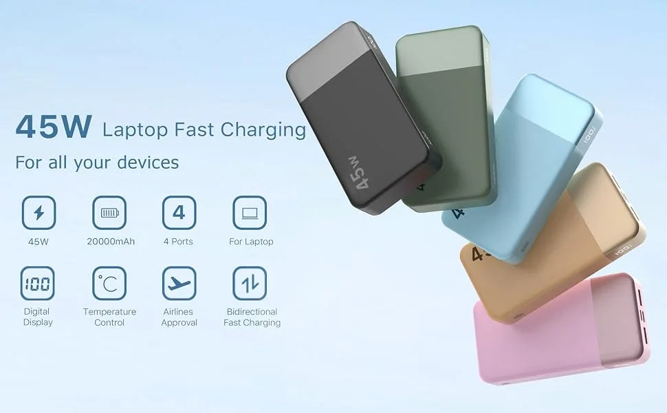 A collection of various colored portable power banks and a laptop, highlighting 45W fast charging capabilities.
