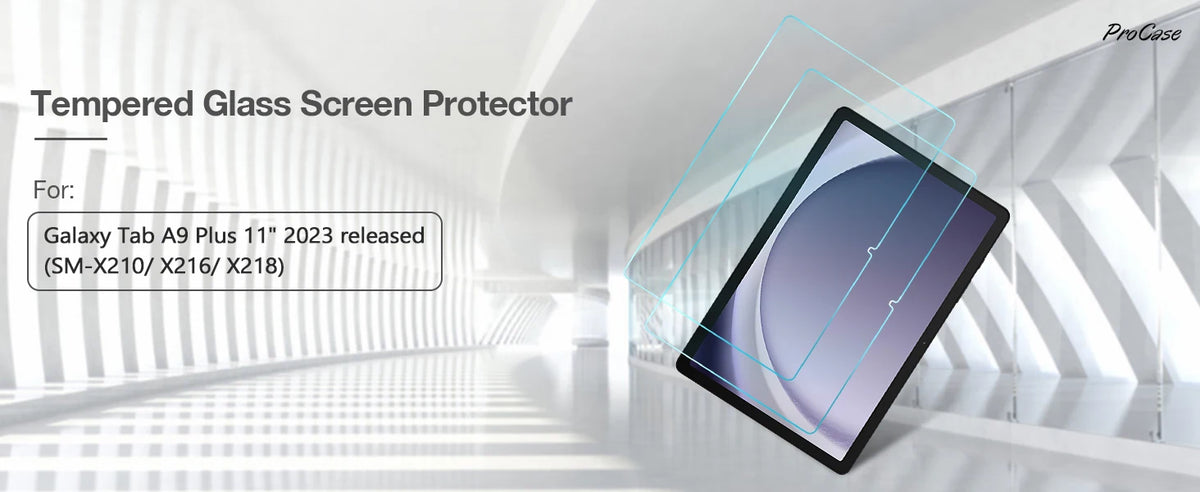 A close-up view of a tablet screen with a clear glass protector applied, displayed in a modern indoor setting.