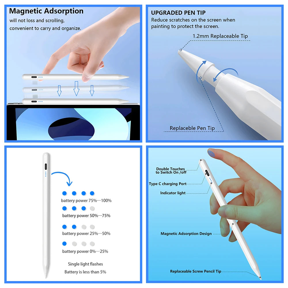 A precision stylus pen with an LED indicator and magnetic adsorption design shown in various usage contexts.