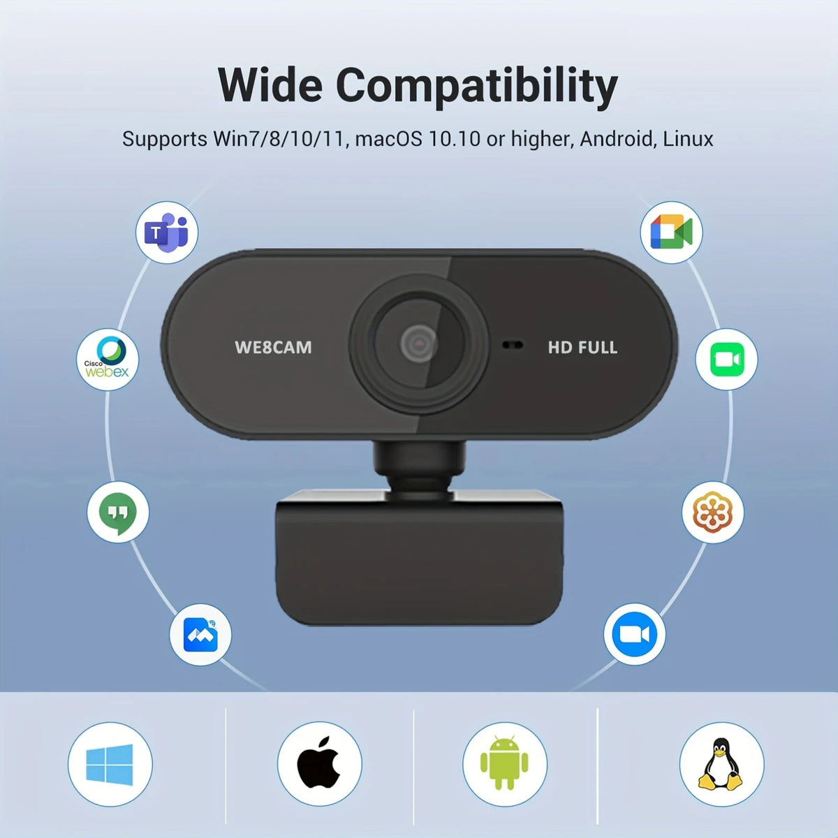 A black full HD mini webcam is shown with various operating system icons indicating wide compatibility.